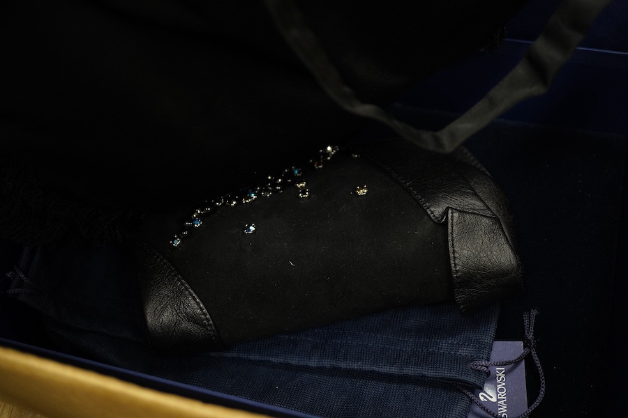 A pair of Duo lady's evening shoes and matching handbag together with a Swarovski diamanté decorated black suede and leather evening bag